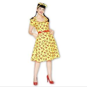 Bernie Dexter Yellow Cherry Print Dress Small - 1940s Retro Rockabilly Pin-Up
